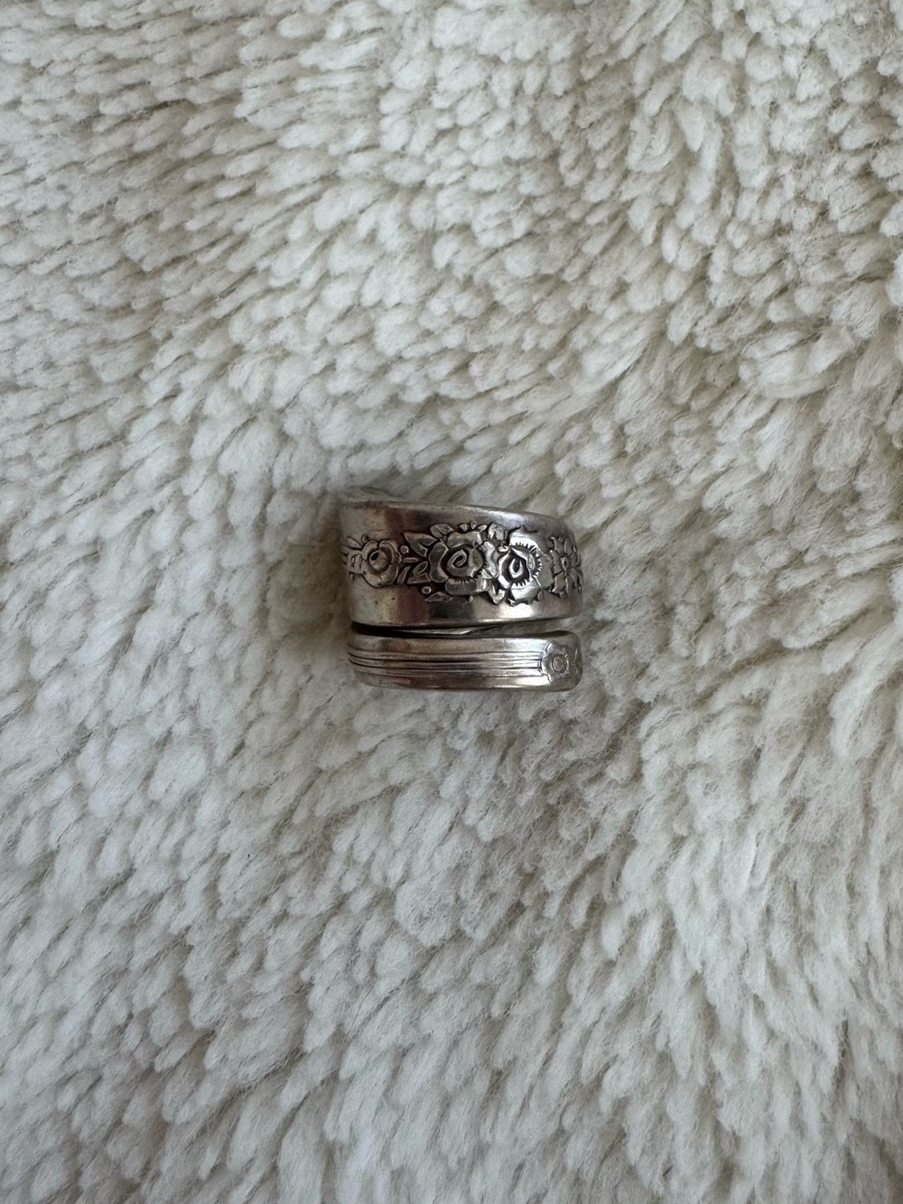 Vintage Handmade Floral Spoon Ring - Silver Plated
